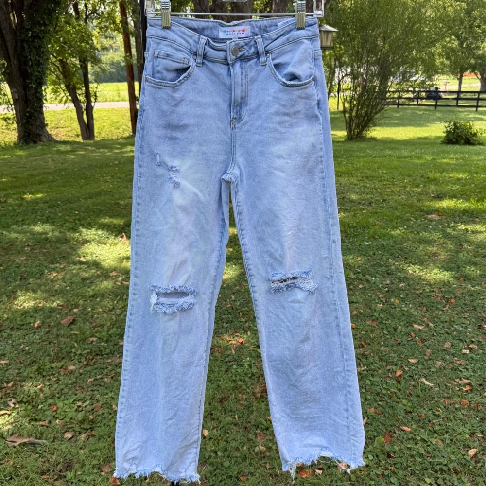 Freckled Poppy x Risen Jeans Light Wash Distressed Straight Leg Raw Hem 7/28 Y2K
